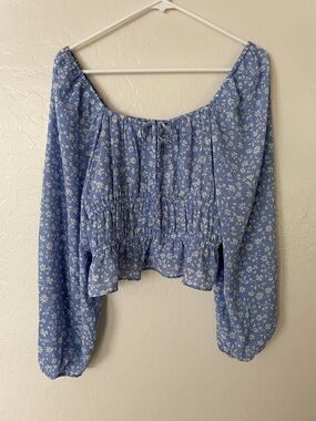 H&M Light Blue Floral Smocked Peasant Blouse